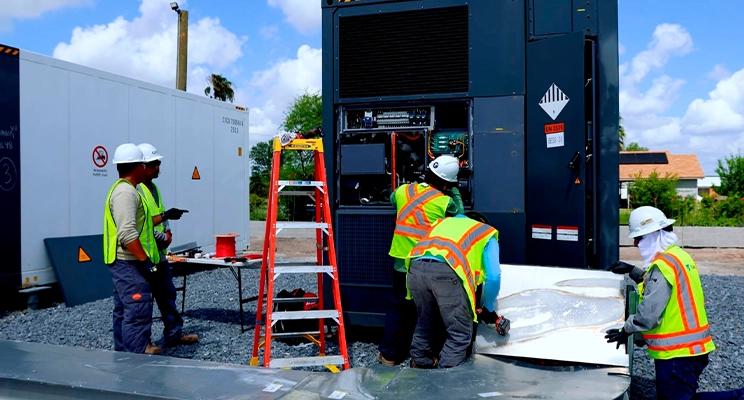 TruGrid field crew installing battery storage equipment on-site, showcasing hands-on expertise in renewable energy infrastructure.